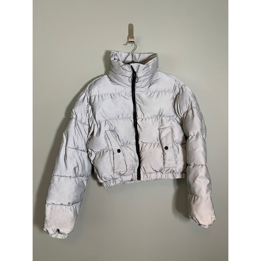 Garage Puffer Jacket Women Small Silver Reflective Cropped‎ Quilted Zip Up